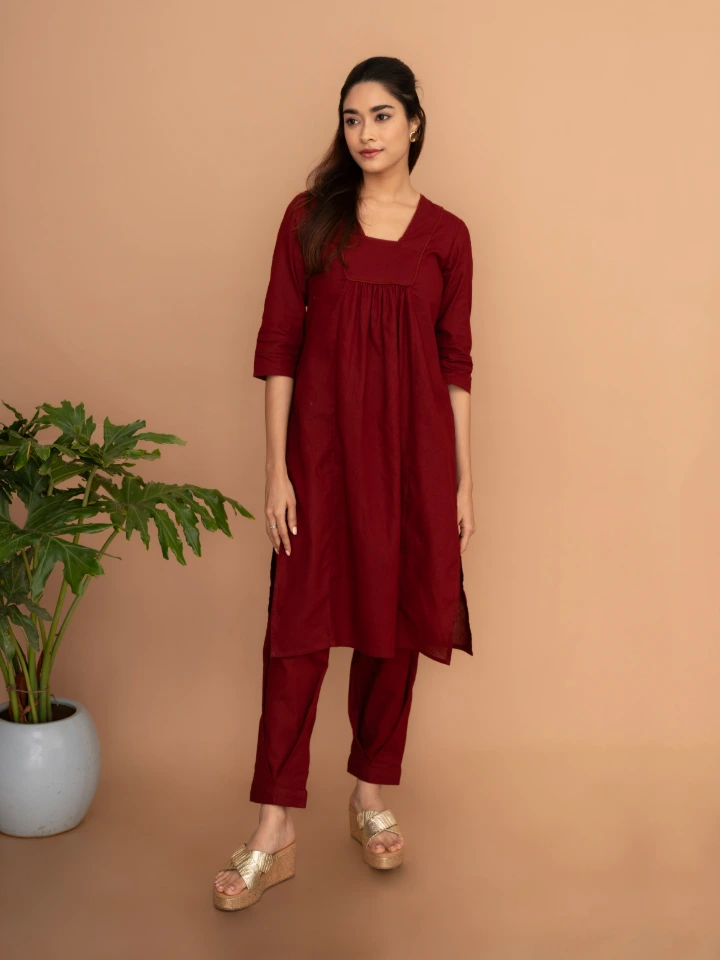Maroon Square Neck Cotton Kurta Pant Set