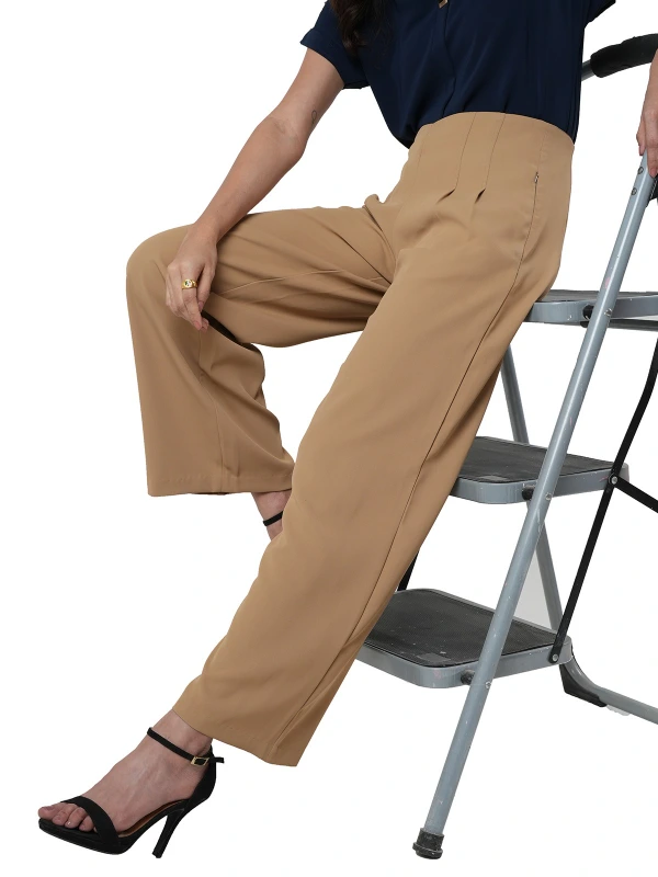 Beige High-Rise Trousers With Loose Fit And Solid Finish 2