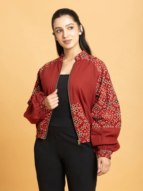 Maroon Ajrakh Printed Bomber Jacket for Women 2