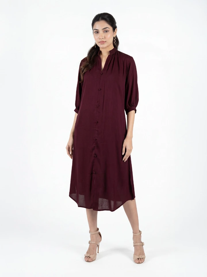 Burgundy Rayon Shirt Dress With Bishop Sleeves