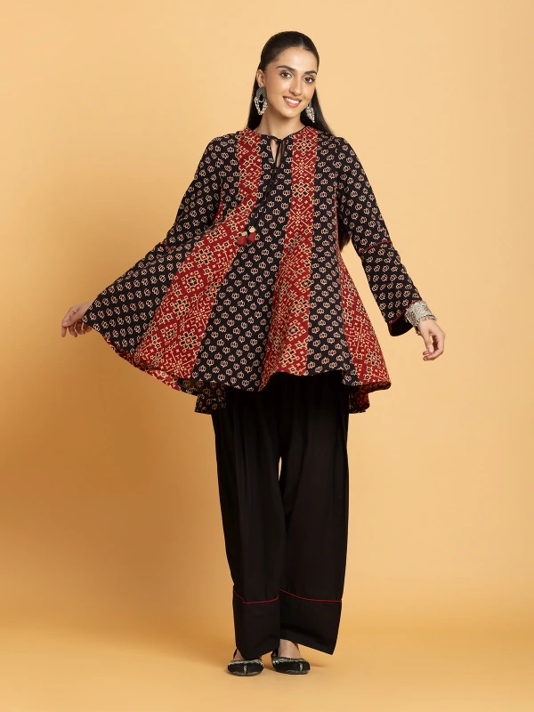 Multicolor Ajrakh Printed Flared Kurti With Farshi Kurta Set For Women 2
