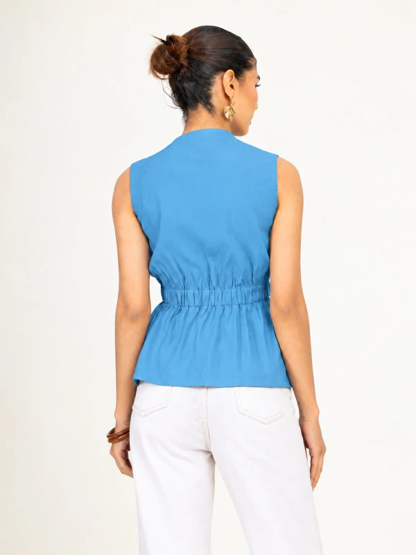 Blue Solid Sleeveless Wrap Top 5