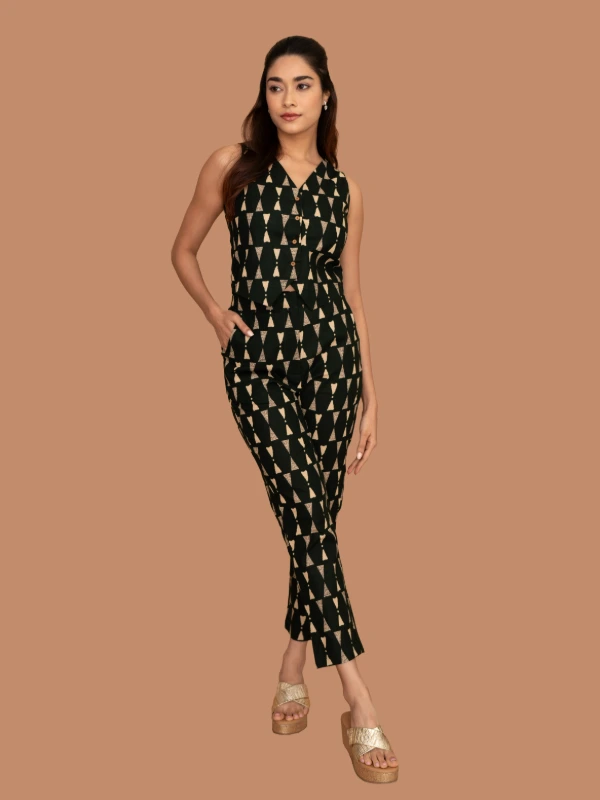 Green Printed Waistcoat & Trousers Cotton Co-ord Set 2