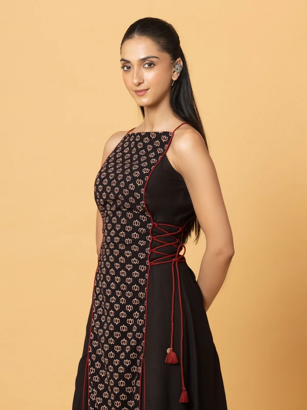Black Ajrakh Printed A-Line Kurta With Solid Side Panel 3