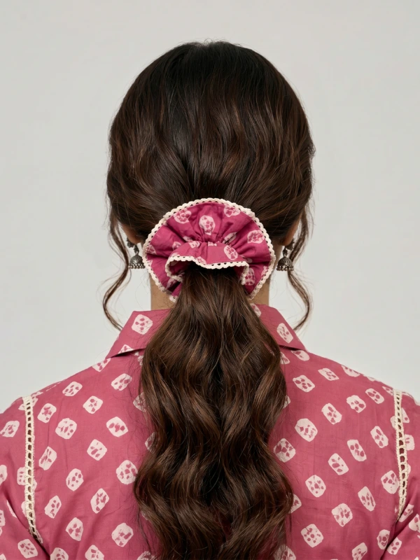 Pink Bandhani Printed Double Layer Scrunchie 2