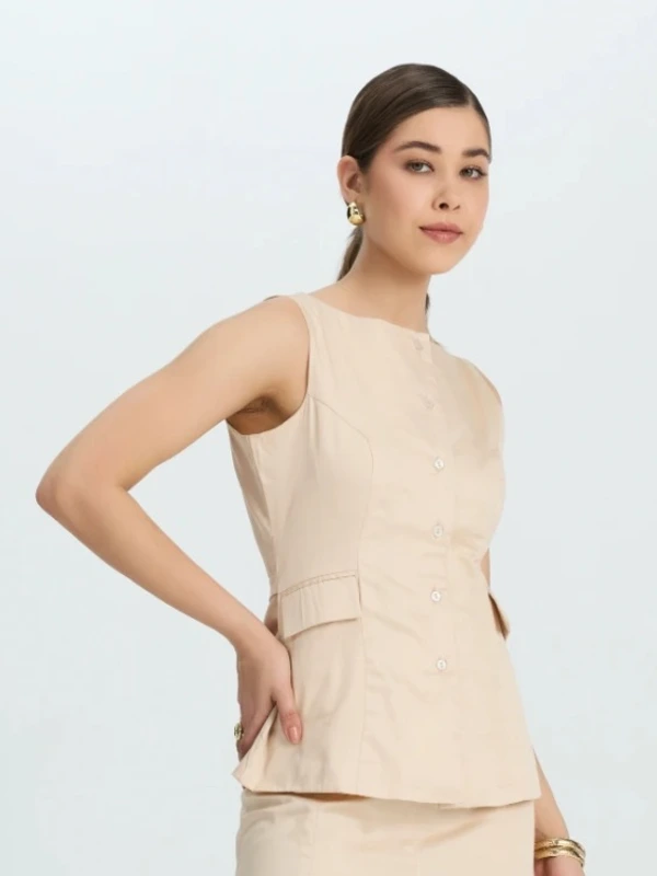 Beige Flap Pocket Waistcoat for Women 3