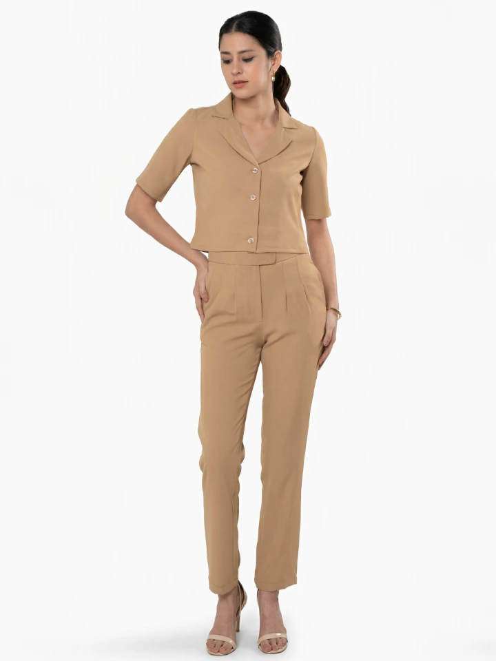 Beige Cropped Blazer And Trouser Coord Set