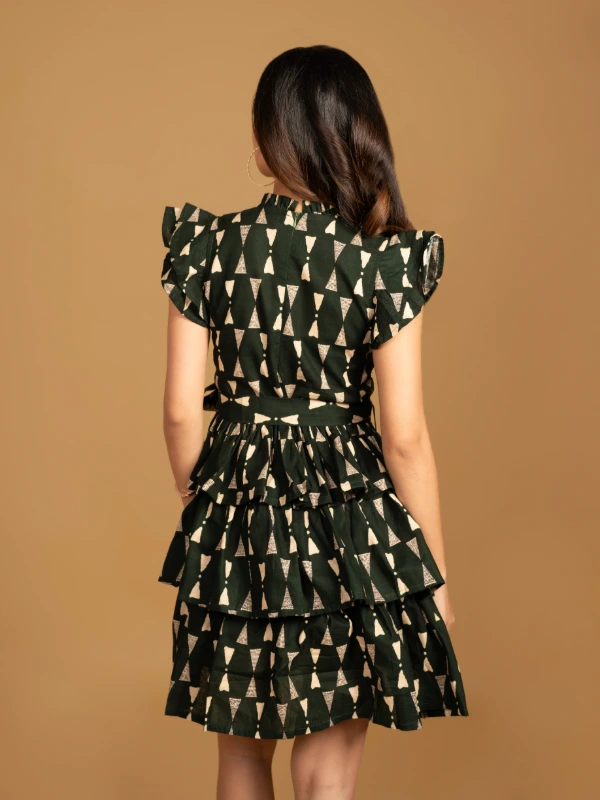 Green Printed Cotton Layered Mini Dress 3