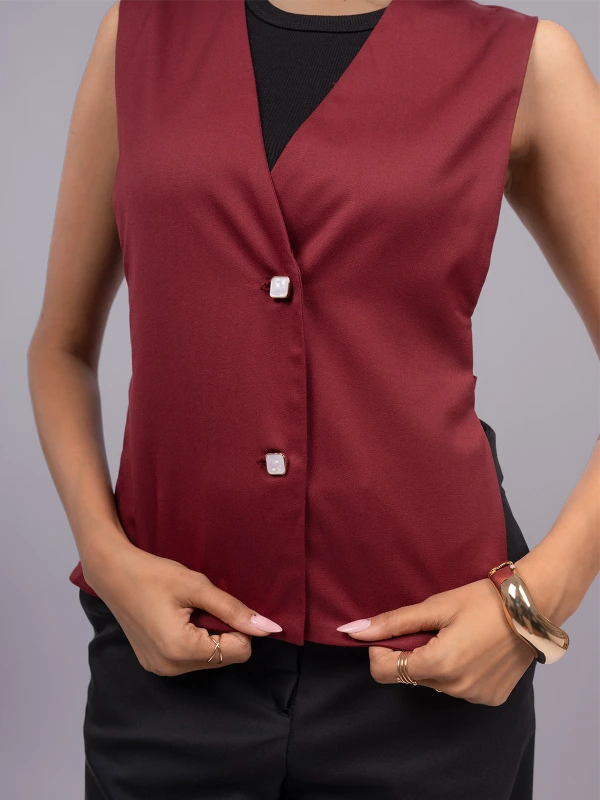 Maroon Formal V Neck Sleeveless Waistcoat 7
