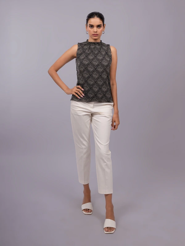 Black Printed High Neck Sleeveless Formal Top 1