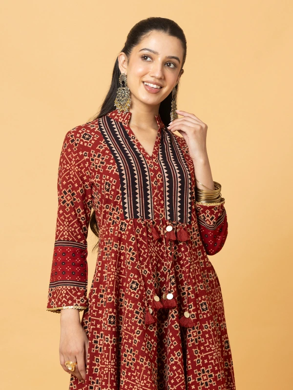 Multicolor Ajrakh Printed High Low Kurta Set 5
