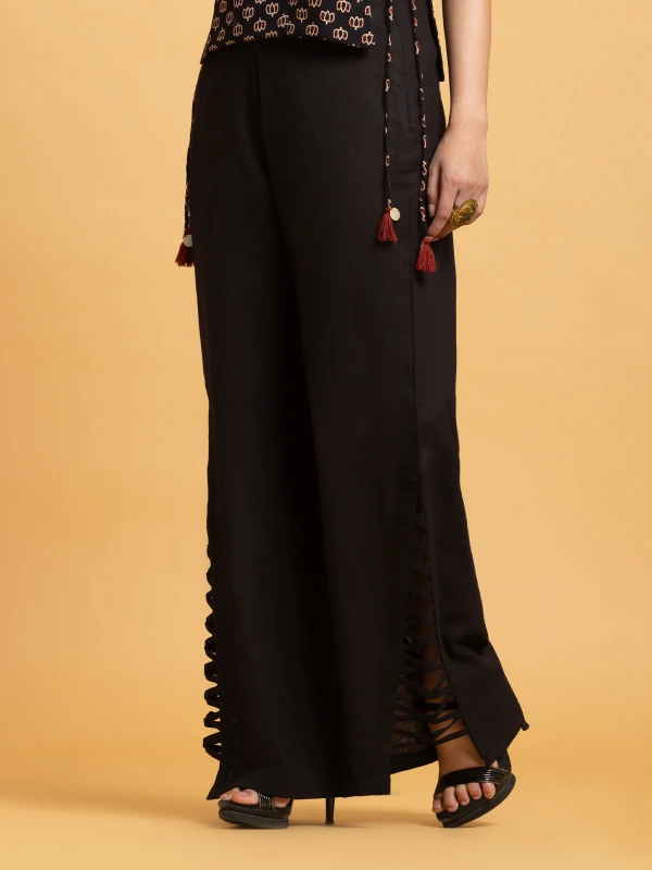 Black High-Waisted Lace-Up Wide-Leg Pants 4