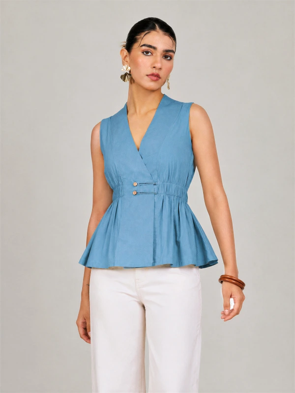 Blue Solid Sleeveless Wrap Top 3