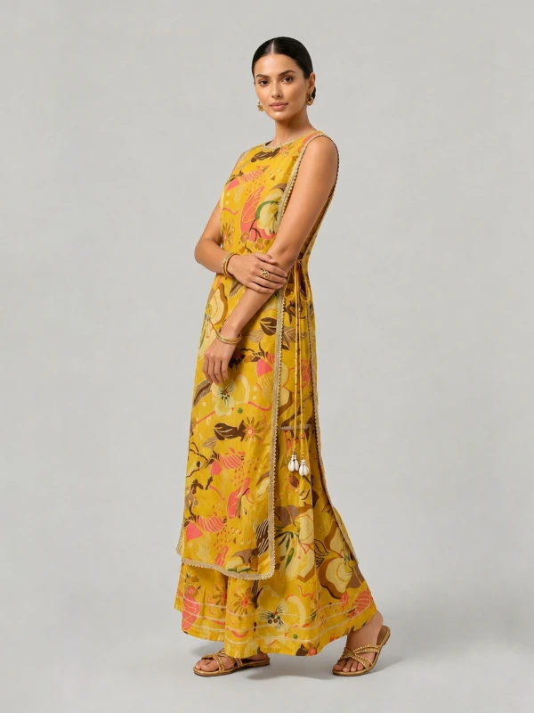 Yellow 3-Piece Ethnic Co-Ord Set With Kurti Crop Top and Flared Pants 3
