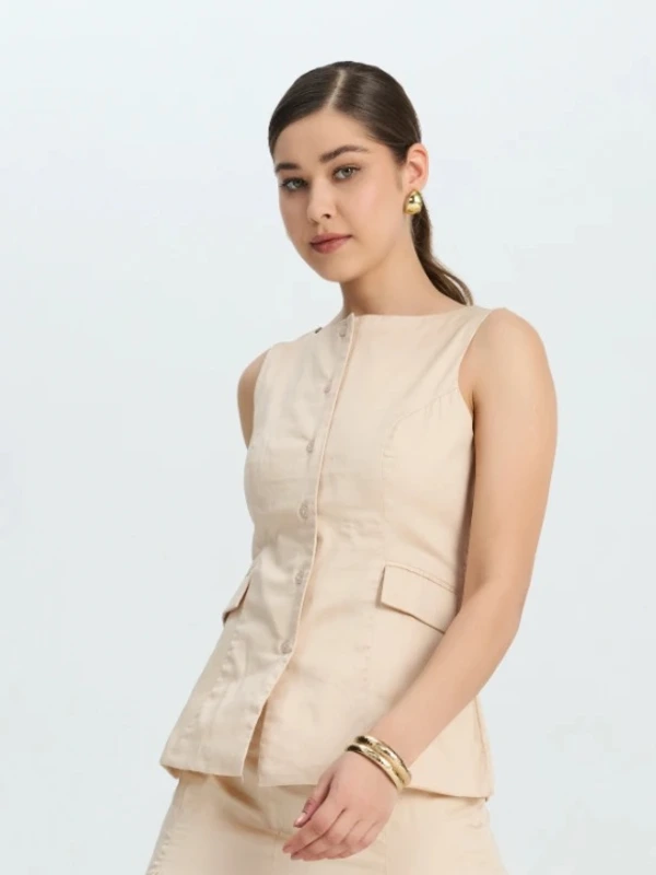 Beige Flap Pocket Waistcoat for Women 1