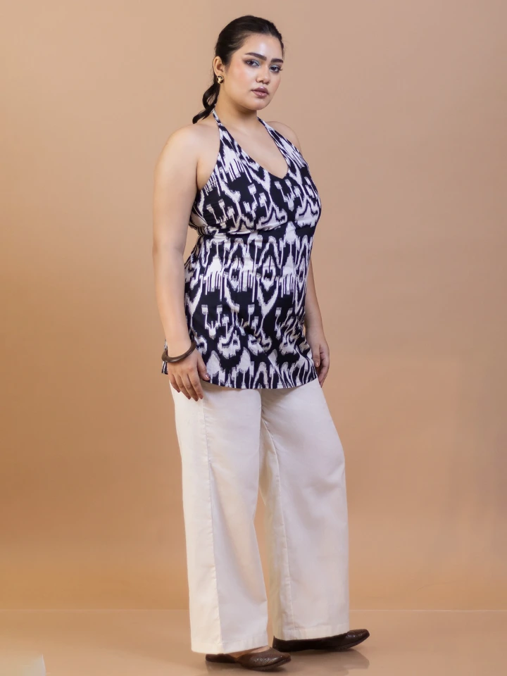 Black Ikat Cotton Halter Neck Kurti