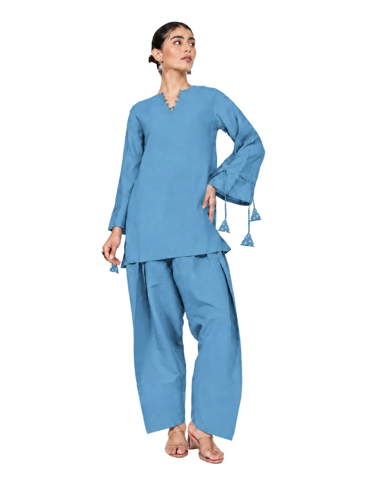 Blue A-Line Kurta & Farshi Pants Set