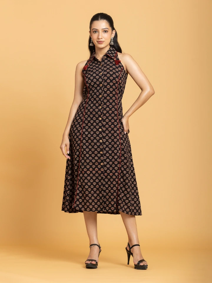 Black Ajrakh Printed Shirt Dress for Women