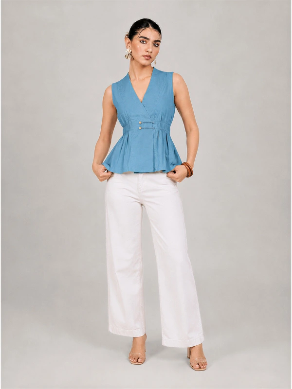 Blue Solid Sleeveless Wrap Top 2