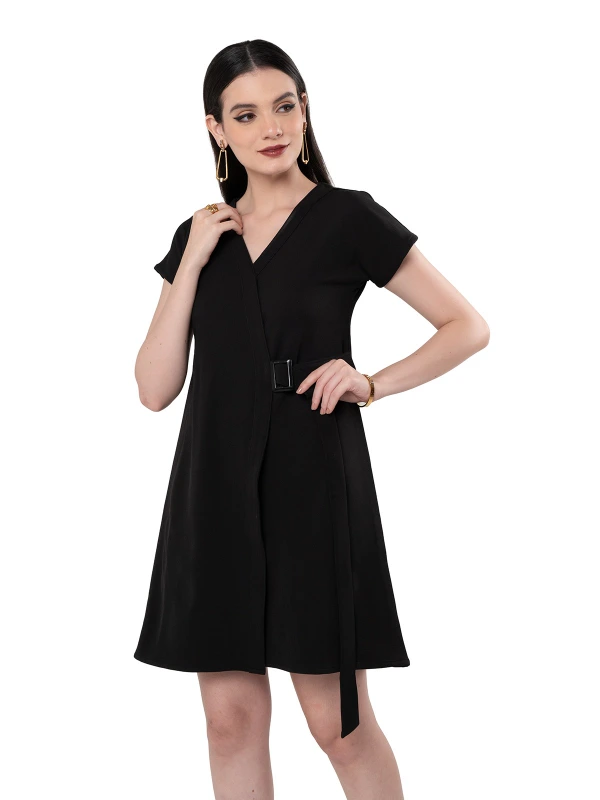 Black Cape Sleeve Dress With Paneled Belt Adjuster 1