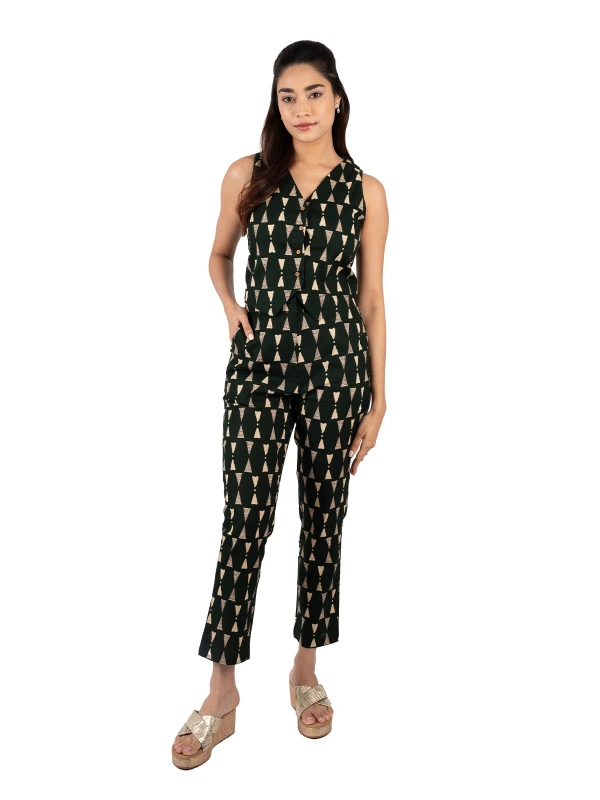 Green Printed Waistcoat & Trousers Cotton Co-ord Set 1