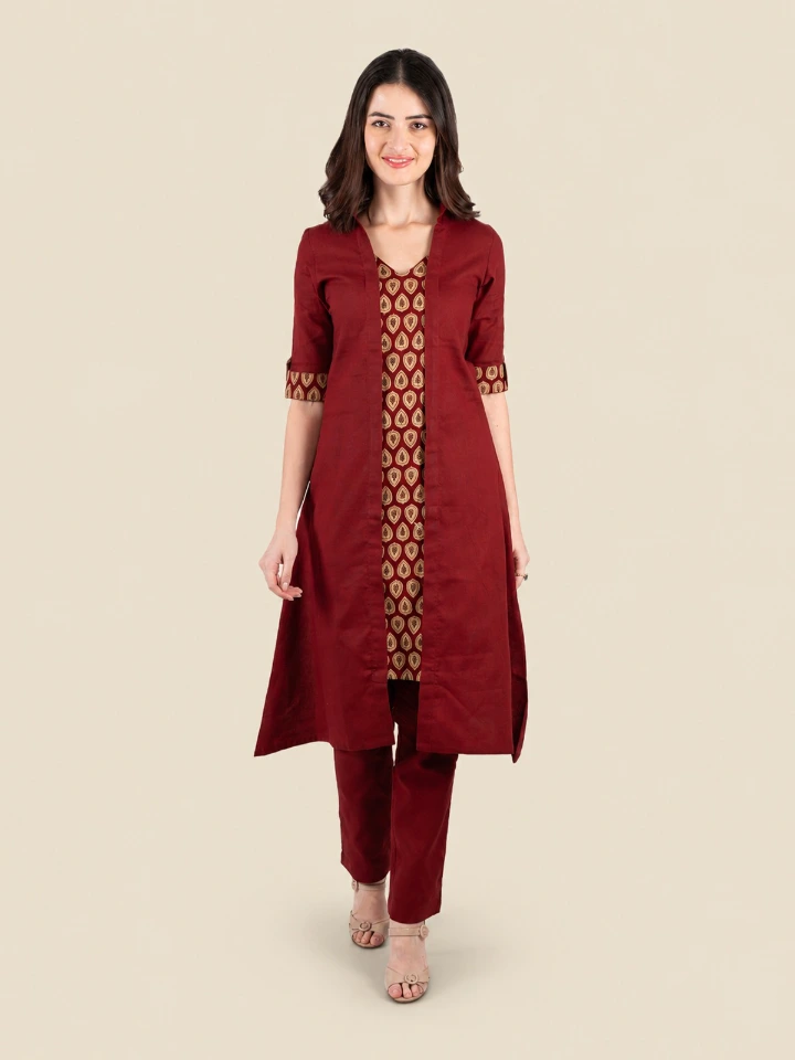 Maroon V-Neck A-Line Kurta Set