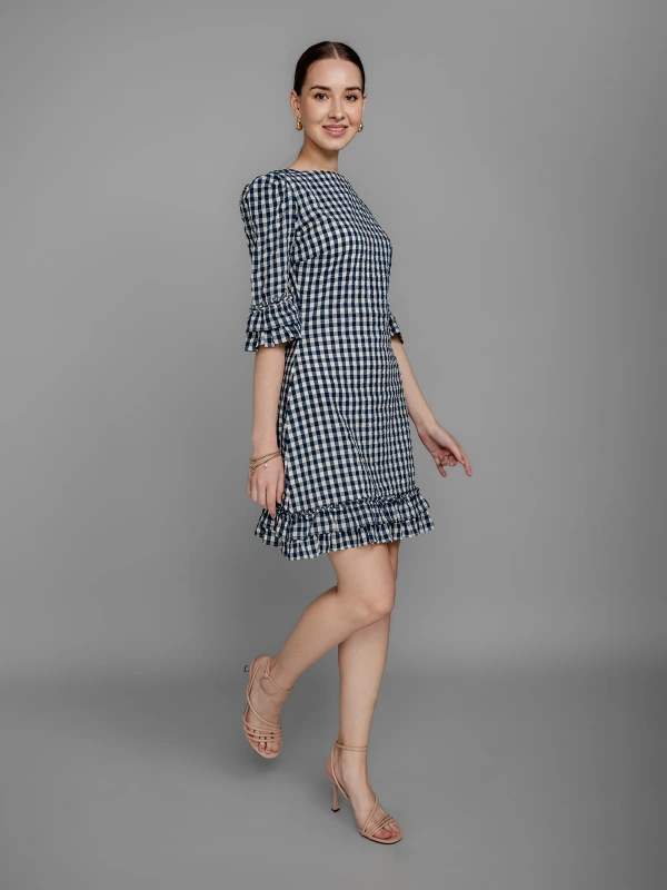 Blue Checked Cotton Formal Dress With Workwear Appeal 5