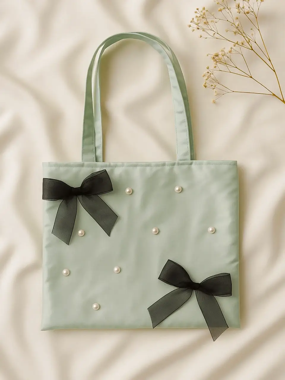Green Tote Bag with Pearl and Bow Details