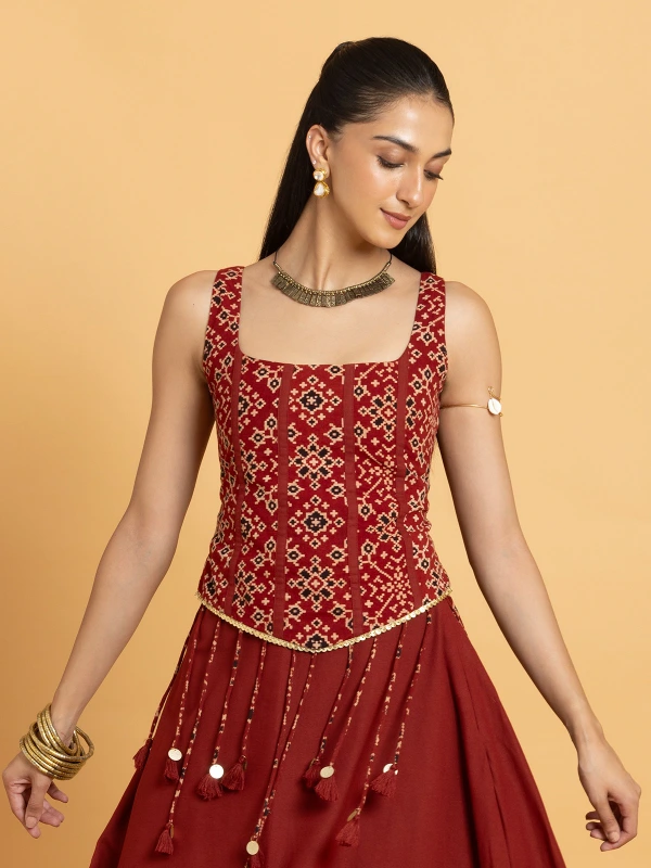 Maroon Ajrakh Printed Corset Crop Top 3