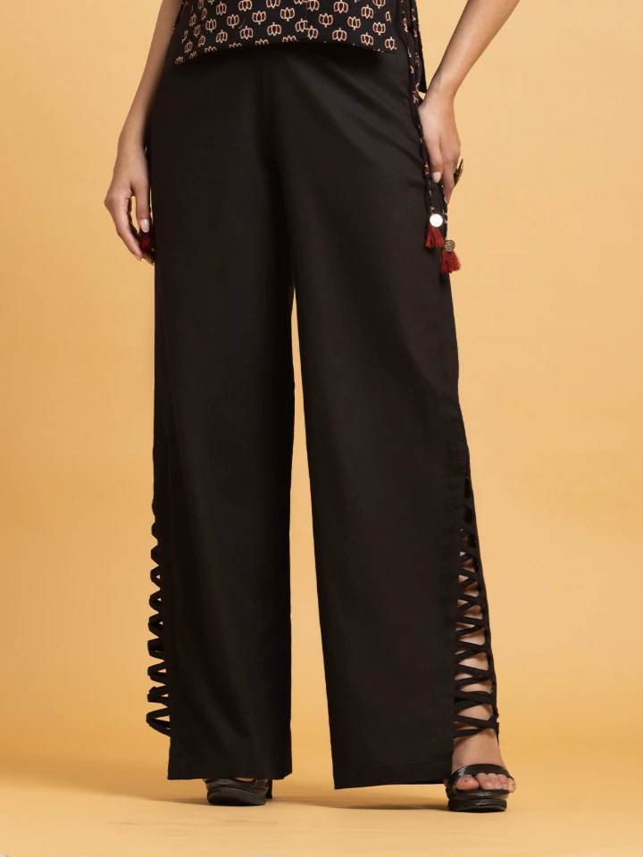 Black High-Waisted Lace-Up Wide-Leg Pants