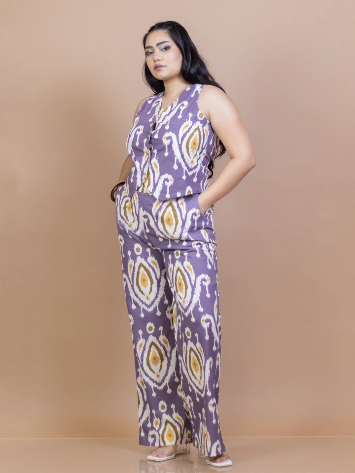 Purple Ikat waistcoat pant cotton co-ord set