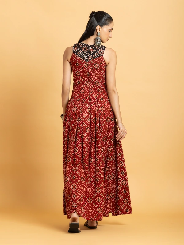 Maroon Ajrakh Printed Fit-and-Flare Maxi Dress 5