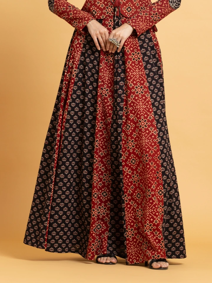 Multicolor Ajrakh Flared Panelled Skirt