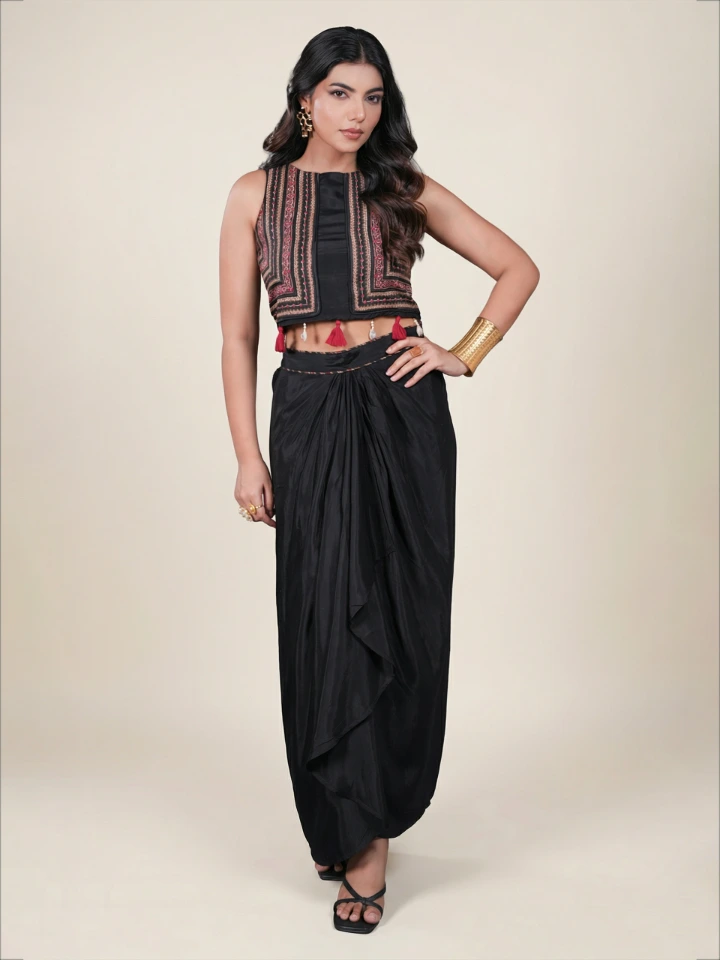 Black Top and Dhoti Skirt With Patch Work