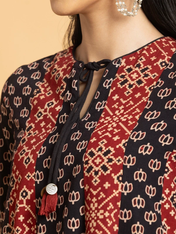 Multicolor Ajrakh Printed Flared Kurti With Farshi Kurta Set For Women 5