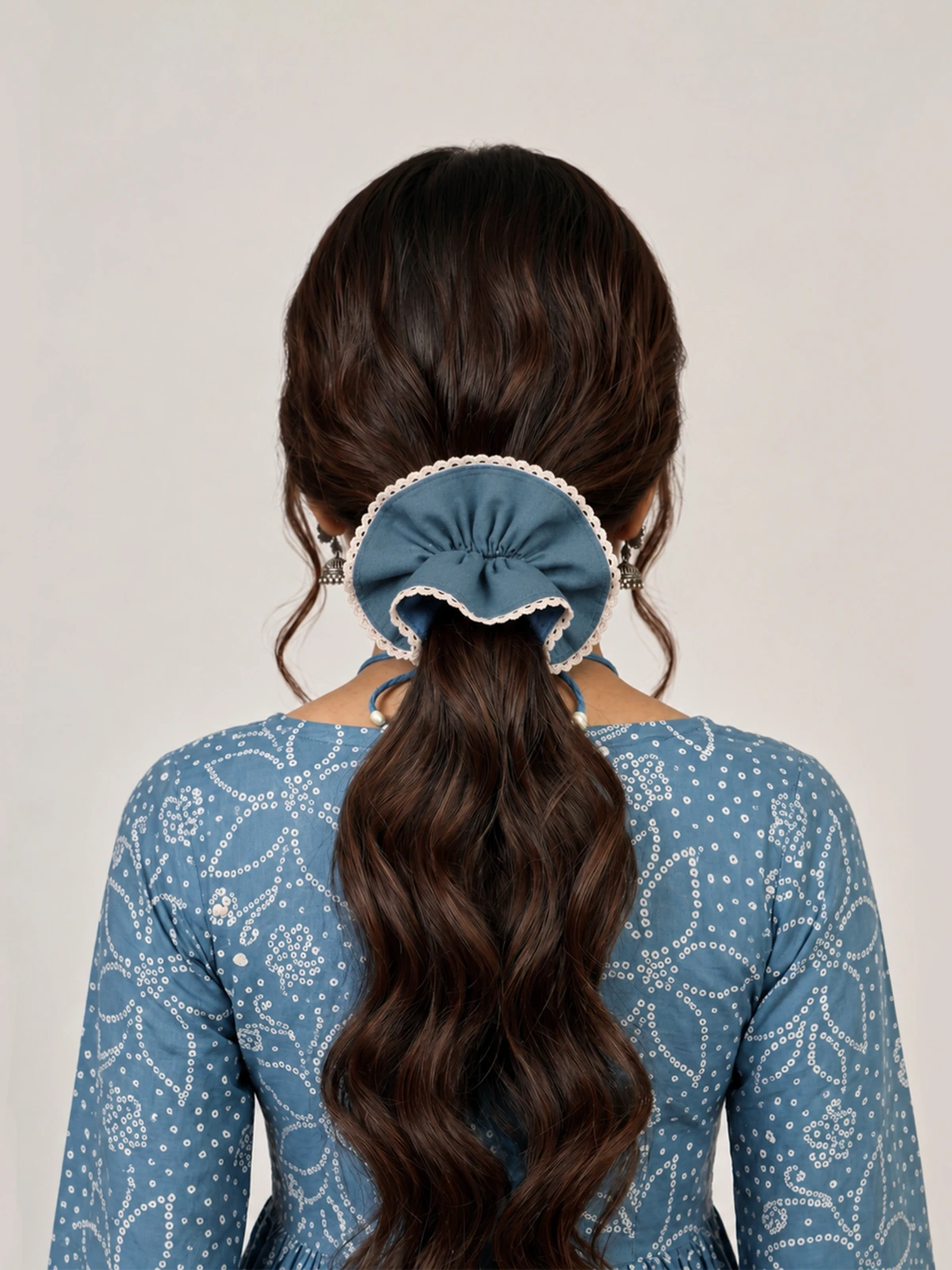 Blue Double Layer Scrunchie With Lace Trim thumbnail 9