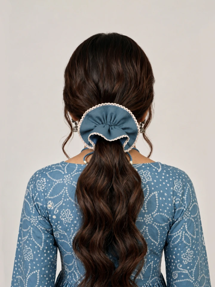 Blue Double Layer Scrunchie With Lace Trim