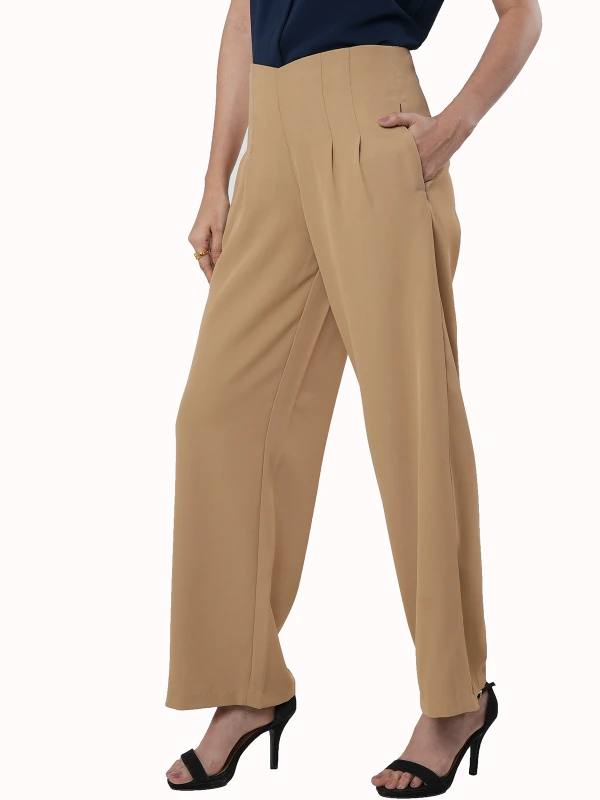 Beige High-Rise Trousers With Loose Fit And Solid Finish 1