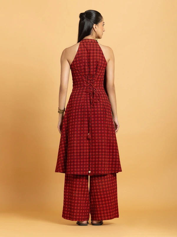 Maroon Sleeveless A-Line Halter Kurta With Wide-Leg Pants Set 5