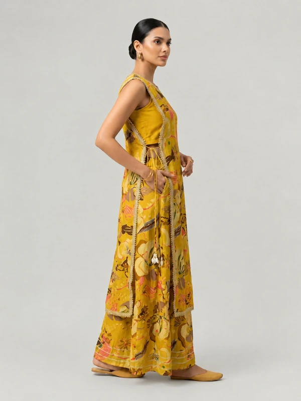 Yellow 3-Piece Ethnic Co-Ord Set With Kurti Crop Top and Flared Pants 4