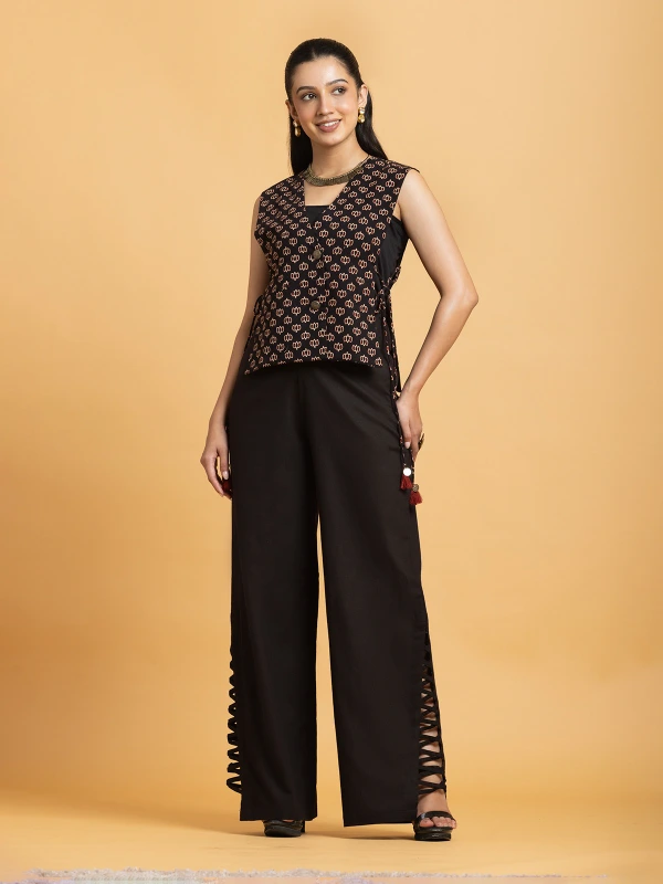 Black Ajrakh Printed Wrap Style Ethnic Waistcoat for Women 5