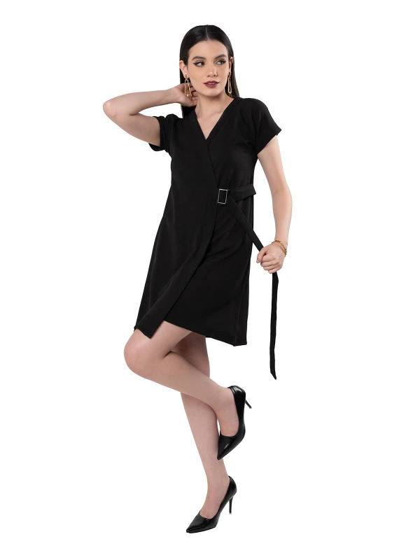 Black Cape Sleeve Dress With Paneled Belt Adjuster 2