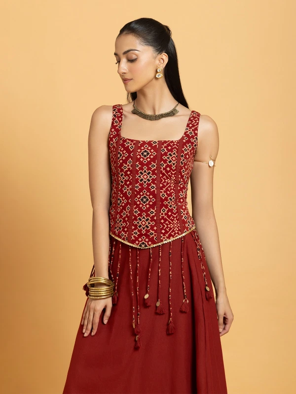 Maroon Printed Corset Top & A-Line Skirt Lehenga Set 3