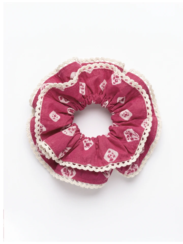 Pink Bandhani Printed Double Layer Scrunchie