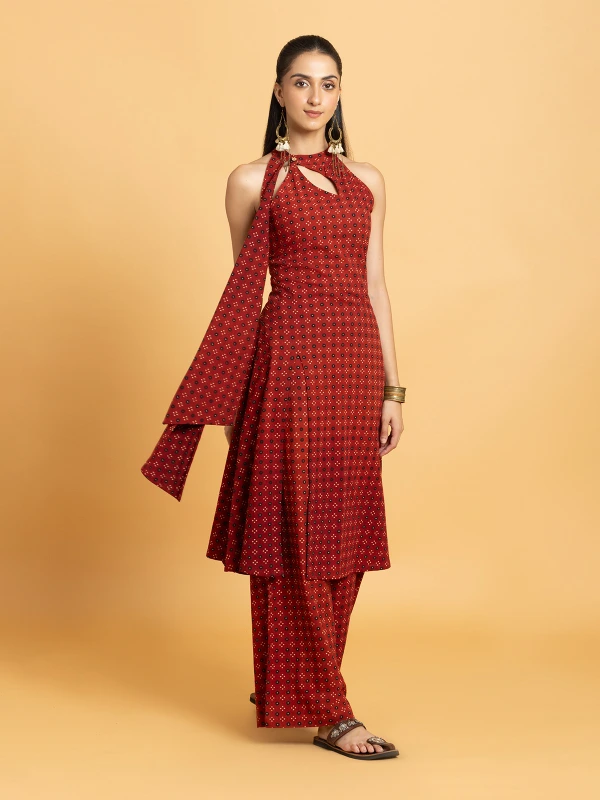 Maroon Sleeveless A-Line Halter Kurta With Wide-Leg Pants Set 2