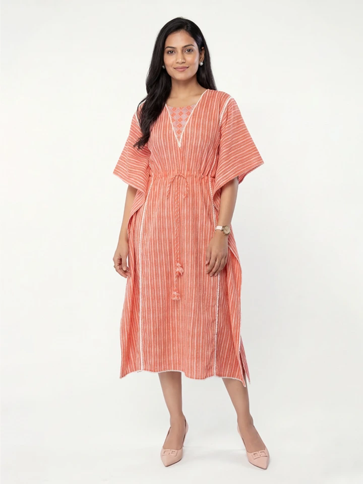 Pink Cotton Kaftan Dress With Lace Detail And Closed Neck