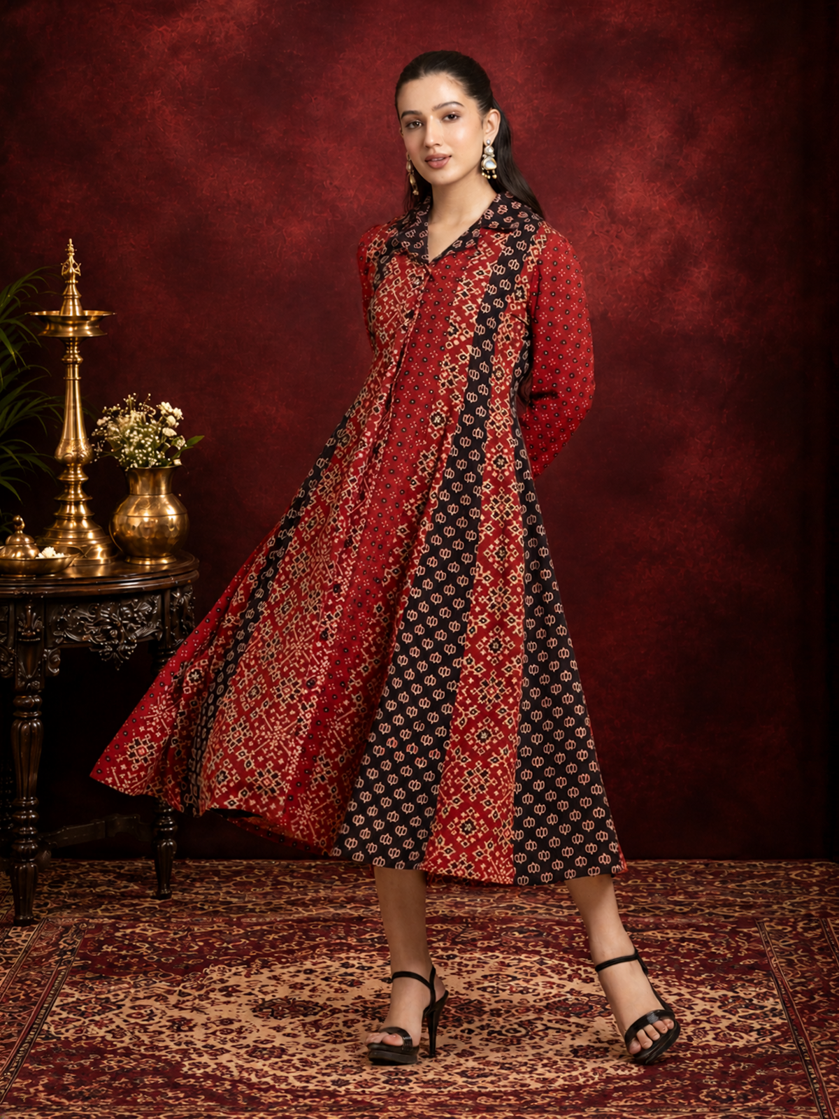 Multi Color Ajrakh Printed A-Line Panel Dress
