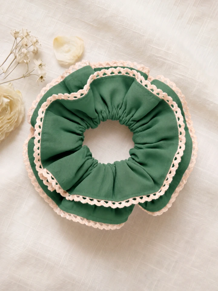 Green Double Layer Scrunchie With Lace Trim