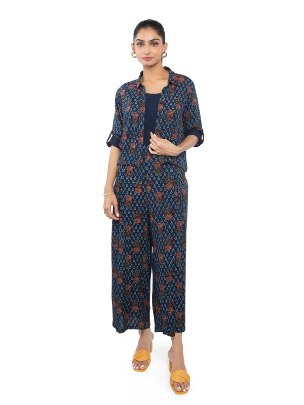 Blue Viscose 3-Piece Set With Floral Shirt, Inner, And Pants