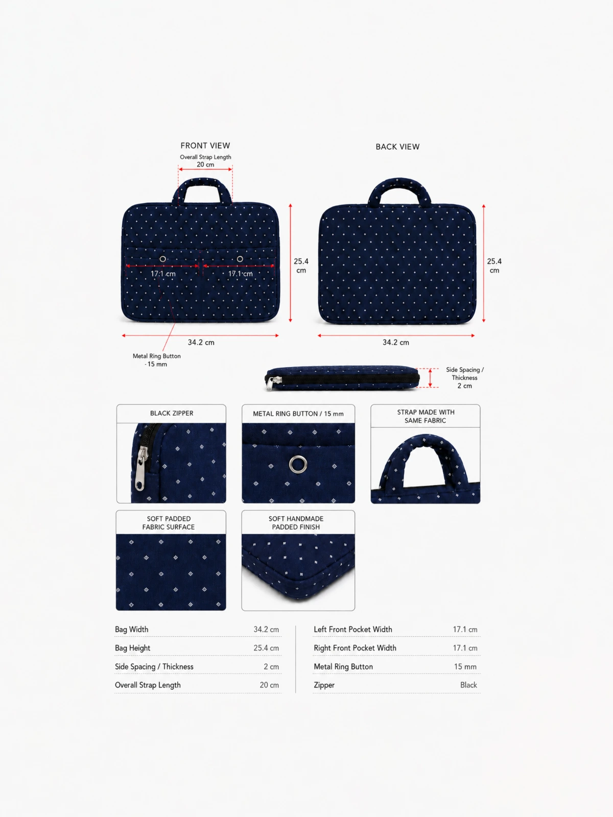 Navy Blue Diamond Print Laptop Sleeve Bag with Two Utility Pockets for MacBook thumbnail 7